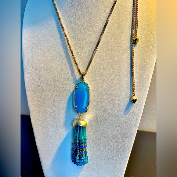 Kendra Scott NWOT Eva Teal Agate Long Long Pendant Necklace Adj Length Chain - Picture 3 of 11